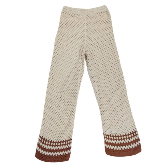 Women's wide leg crochet pants with contrast hem, bohemian style, size S. - Picture 2 of 8